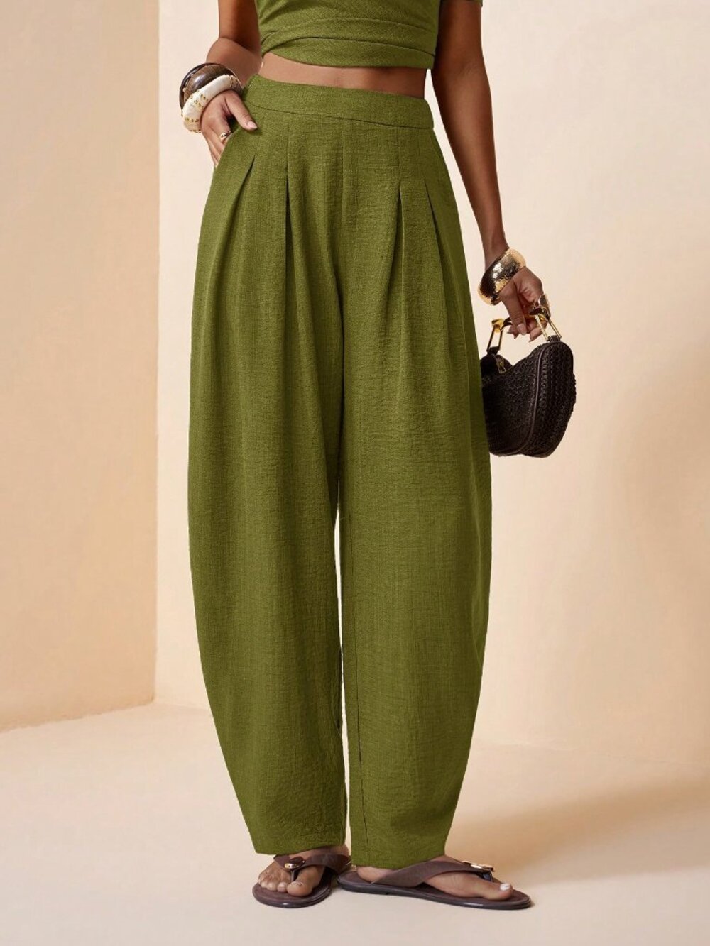 Army Green Casual Women's French-Style Pleated Pants - Picture 3 of 8
